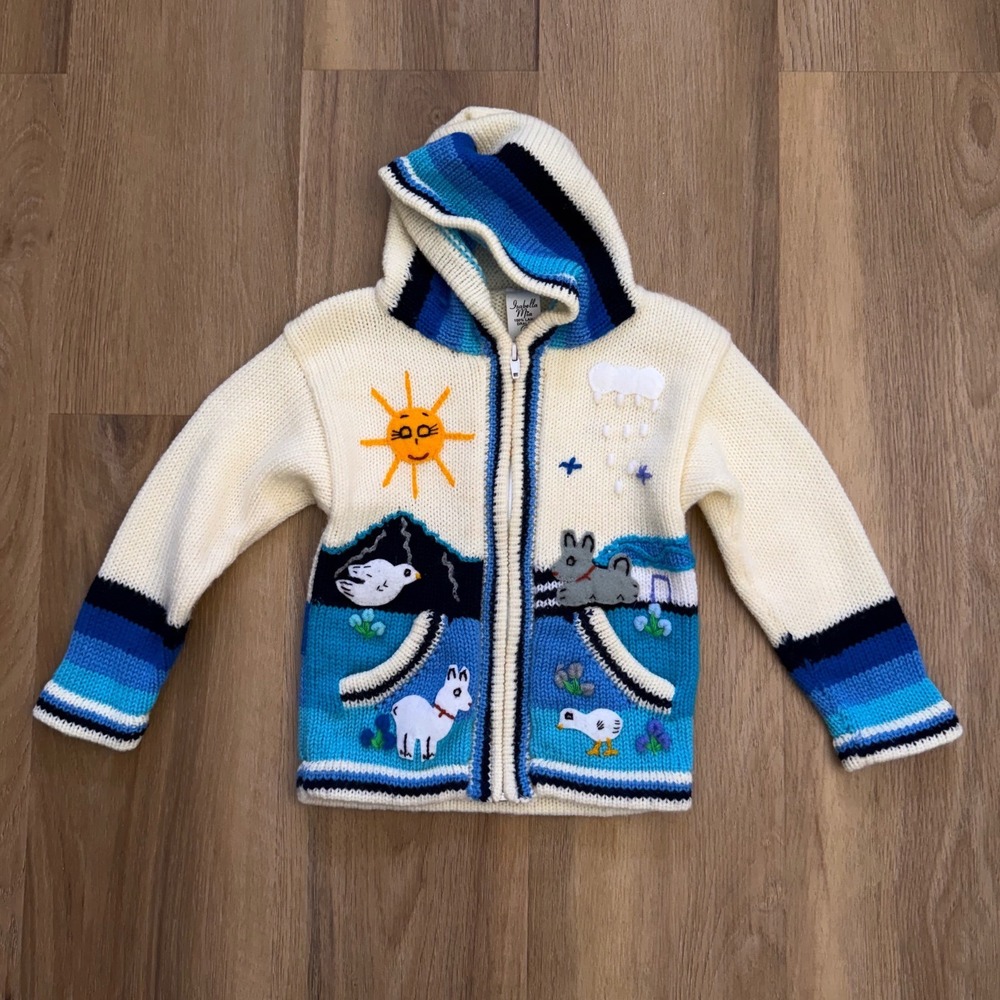 Isabella Mia Kids wool Dralon 3D Knit Hoodie Peruvian Llama Sun Sweater Size 2